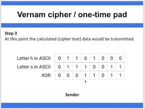 · <b>Vernam</b> <b>cipher</b> is a stream <b>cipher</b> where the original or plain data is XORed with a random (actually pseudorandom) stream of data of the same length to generate the encrypted data. . Vernam cipher decoder without key